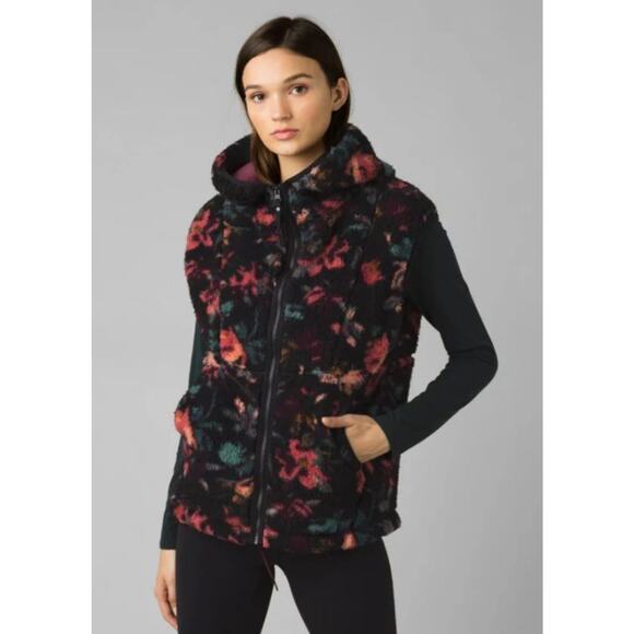 PrAna Womens Polar Escape Fleur Black Fleece Floral Vest Medium - Picture 6 of 10